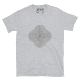 A sport grey Xigfireon graphic t-shirt featuring the Black & White Hollow iteration of the `Reach Of The Spirit` Celtic knot design. The `Reach Of The Spirit` Celtic knot is an Earth symbol.