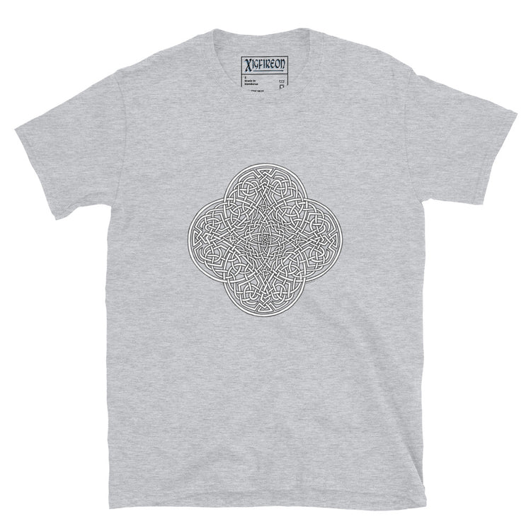 A sport grey Xigfireon graphic t-shirt featuring the Black & White Hollow iteration of the `Reach Of The Spirit` Celtic knot design. The `Reach Of The Spirit` Celtic knot is an Earth symbol.