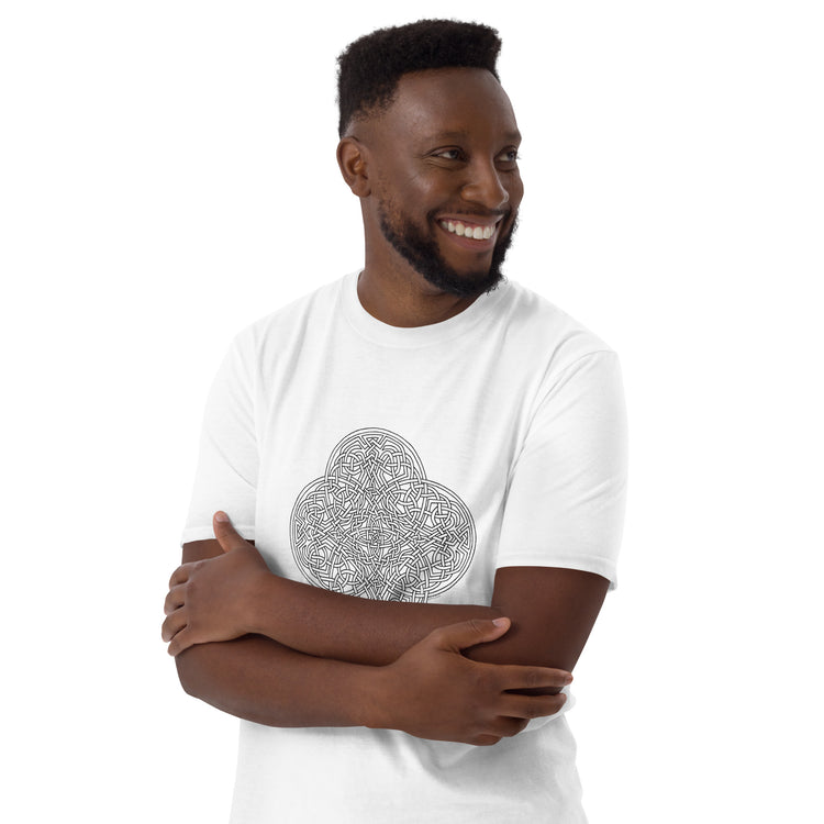 A young man wearing a white Xigfireon graphic t-shirt featuring the Black & White Hollow iteration of the `Reach Of The Spirit` Celtic knot design. The `Reach Of The Spirit` Celtic knot is an Earth symbol.