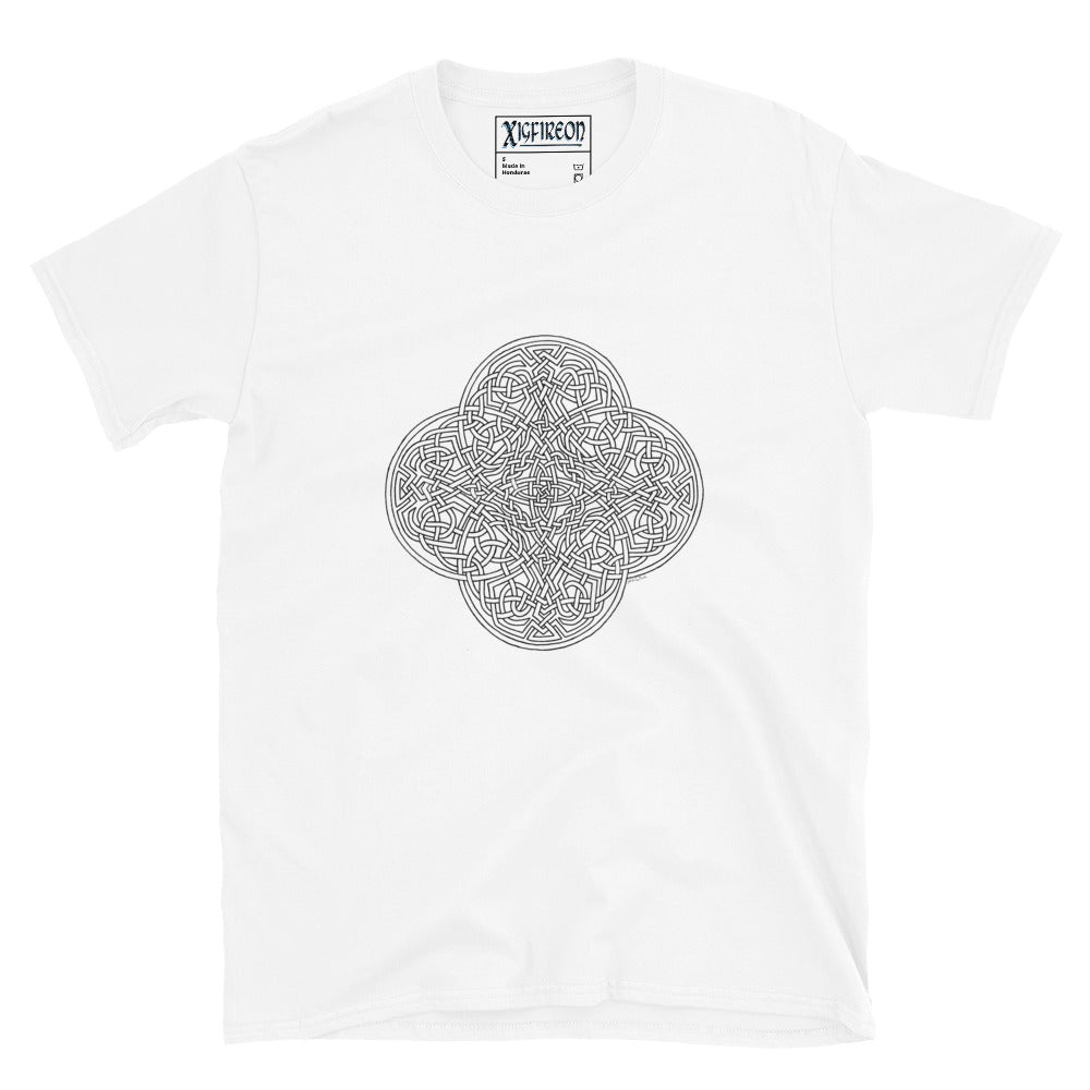 A white Xigfireon graphic t-shirt featuring the Black & White Hollow iteration of the `Reach Of The Spirit` Celtic knot design. The `Reach Of The Spirit` Celtic knot is an Earth symbol.