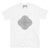 A white Xigfireon graphic t-shirt featuring the Black & White Hollow iteration of the `Reach Of The Spirit` Celtic knot design. The `Reach Of The Spirit` Celtic knot is an Earth symbol.