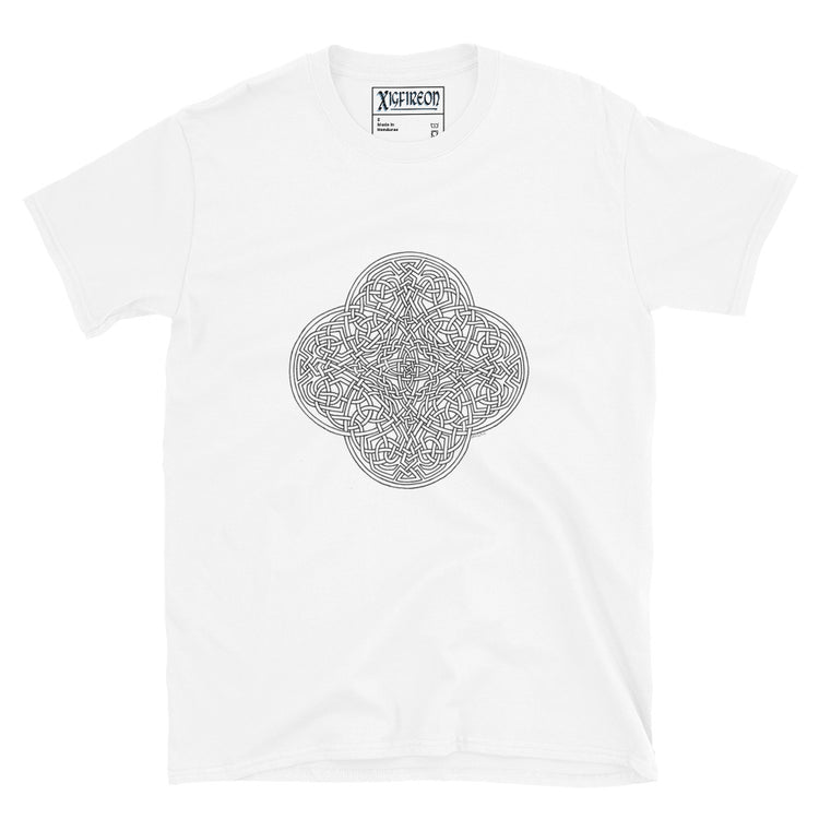 A white Xigfireon graphic t-shirt featuring the Black & White Hollow iteration of the `Reach Of The Spirit` Celtic knot design. The `Reach Of The Spirit` Celtic knot is an Earth symbol.