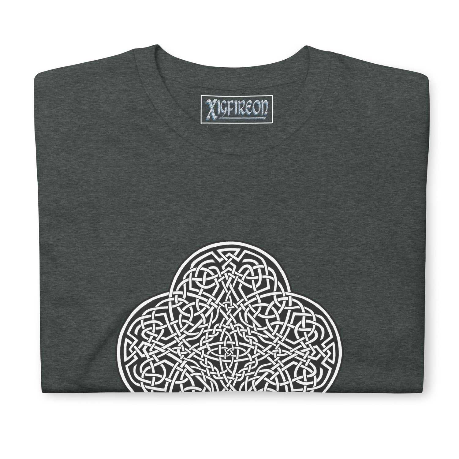 A folded dark heather Xigfireon graphic t-shirt featuring the Black & White Solid iteration of the `Reach Of The Spirit` Celtic knot design. The `Reach Of The Spirit` Celtic knot represents Mother Earth.