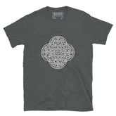 A dark heather Xigfireon graphic t-shirt featuring the Black & White Solid iteration of the `Reach Of The Spirit` Celtic knot design. The `Reach Of The Spirit` Celtic knot represents Mother Earth.