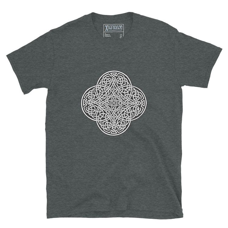 A dark heather Xigfireon graphic t-shirt featuring the Black & White Solid iteration of the `Reach Of The Spirit` Celtic knot design. The `Reach Of The Spirit` Celtic knot represents Mother Earth.