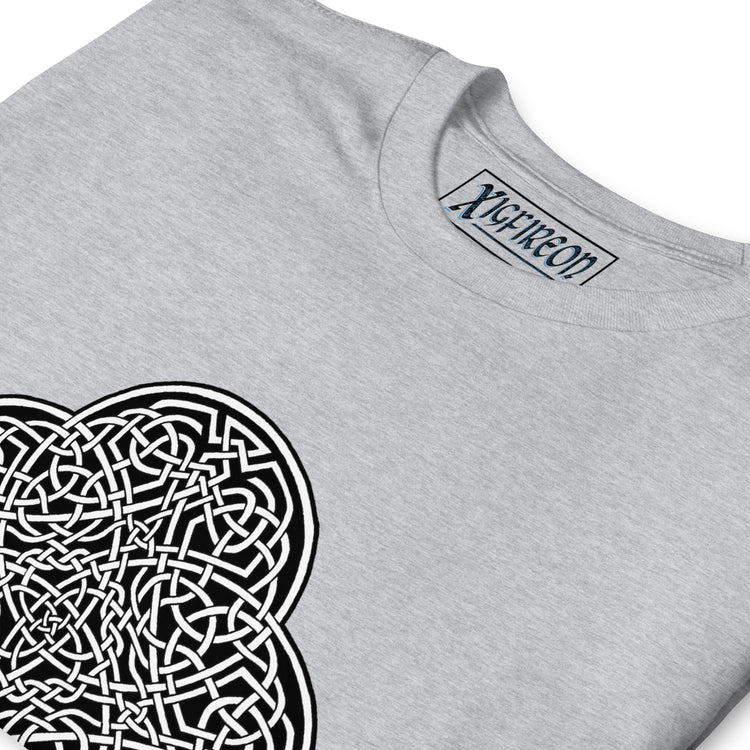 A close-up view of a sport grey Xigfireon graphic t-shirt featuring the Black & White Solid iteration of the `Reach Of The Spirit` Celtic knot design. The `Reach Of The Spirit` Celtic knot represents Mother Earth.