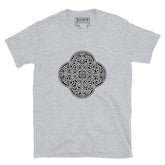 A sport grey Xigfireon graphic t-shirt featuring the Black & White Solid iteration of the `Reach Of The Spirit` Celtic knot design. The `Reach Of The Spirit` Celtic knot represents Mother Earth.