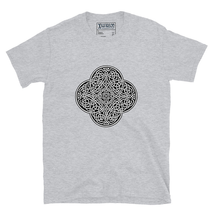 A sport grey Xigfireon graphic t-shirt featuring the Black & White Solid iteration of the `Reach Of The Spirit` Celtic knot design. The `Reach Of The Spirit` Celtic knot represents Mother Earth.