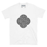 A white Xigfireon graphic t-shirt featuring the Black & White Solid iteration of the `Reach Of The Spirit` Celtic knot design. The `Reach Of The Spirit` Celtic knot represents Mother Earth.