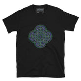 A black Xigfireon graphic t-shirt featuring the Living Colour iteration of the `Reach Of The Spirit` Celtic knot design. The `Reach Of The Spirit` Celtic knot symbolizes the Earth.