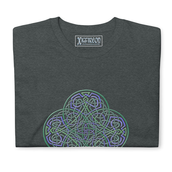 A folded dark heather Xigfireon graphic t-shirt featuring the Living Colour iteration of the `Reach Of The Spirit` Celtic knot design. The `Reach Of The Spirit` Celtic knot symbolizes the Earth.