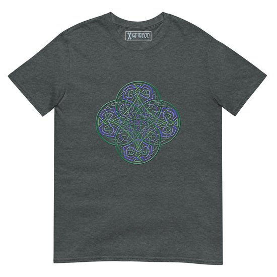 A dark heather Xigfireon graphic t-shirt featuring the Living Colour iteration of the `Reach Of The Spirit` Celtic knot design. The `Reach Of The Spirit` Celtic knot symbolizes the Earth.