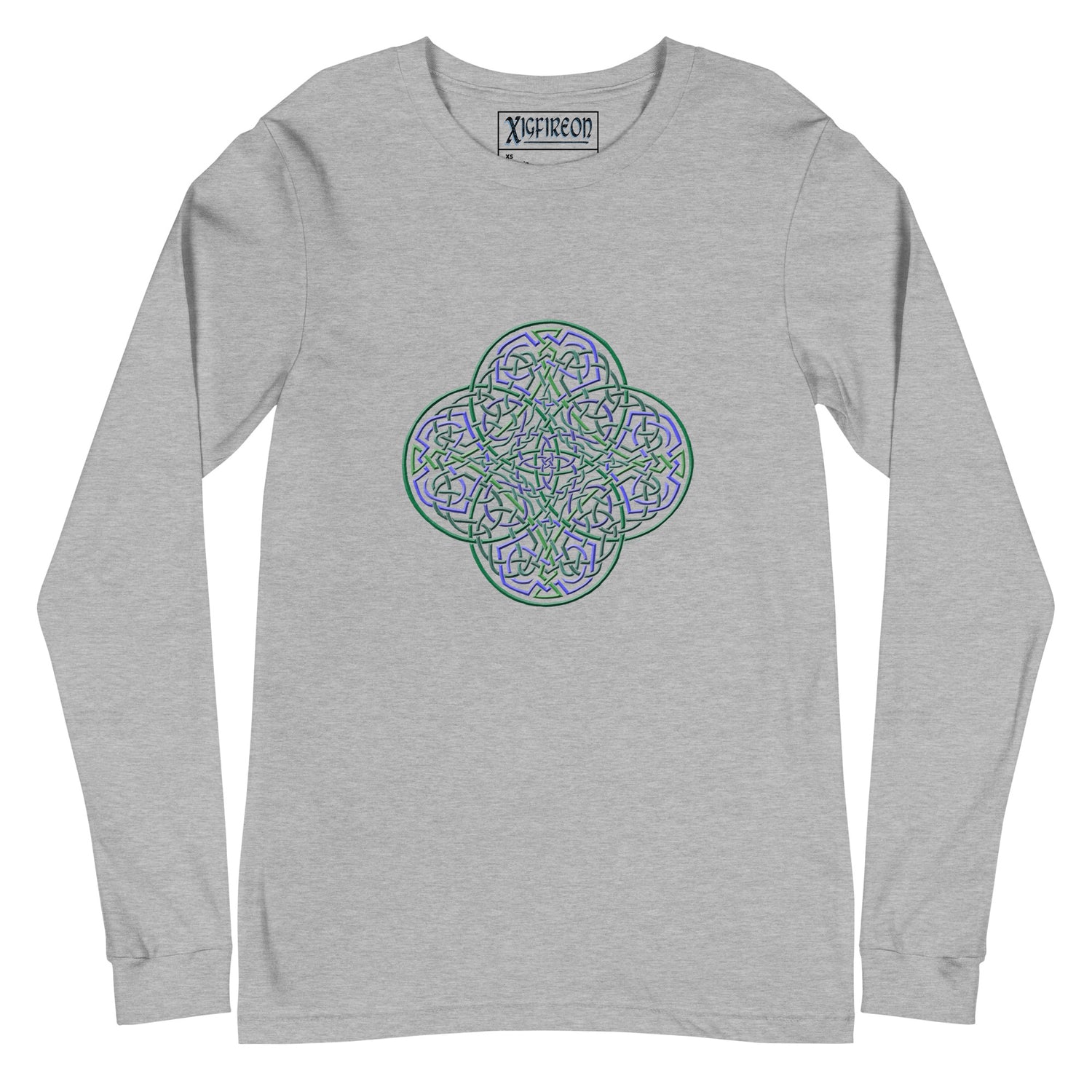 An athletic heather white Xigfireon long sleeve graphic t-shirt featuring the Living Colour iteration of the `Reach Of The Spirit` Celtic knot design. The `Reach Of The Spirit` Celtic knot symbolizes Mother Earth.