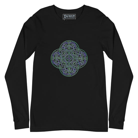 A black Xigfireon long sleeve graphic t-shirt featuring the Living Colour iteration of the `Reach Of The Spirit` Celtic knot design. The `Reach Of The Spirit` Celtic knot symbolizes Mother Earth.