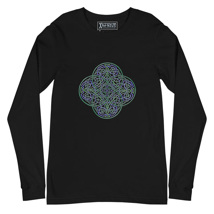 A black Xigfireon long sleeve graphic t-shirt featuring the Living Colour iteration of the `Reach Of The Spirit` Celtic knot design. The `Reach Of The Spirit` Celtic knot symbolizes Mother Earth.