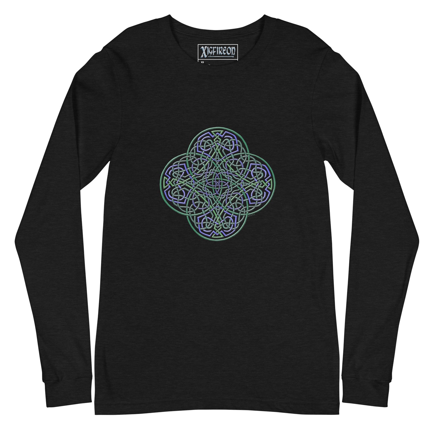 A black heather Xigfireon long sleeve graphic t-shirt featuring the Living Colour iteration of the `Reach Of The Spirit` Celtic knot design. The `Reach Of The Spirit` Celtic knot symbolizes Mother Earth.