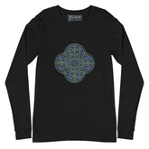 A black heather Xigfireon long sleeve graphic t-shirt featuring the Living Colour iteration of the `Reach Of The Spirit` Celtic knot design. The `Reach Of The Spirit` Celtic knot symbolizes Mother Earth.