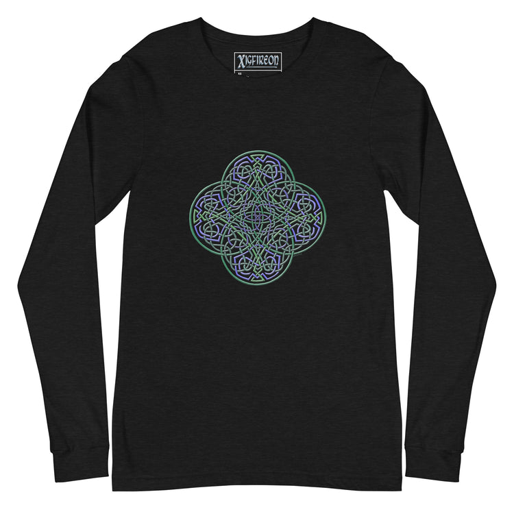 A black heather Xigfireon long sleeve graphic t-shirt featuring the Living Colour iteration of the `Reach Of The Spirit` Celtic knot design. The `Reach Of The Spirit` Celtic knot symbolizes Mother Earth.