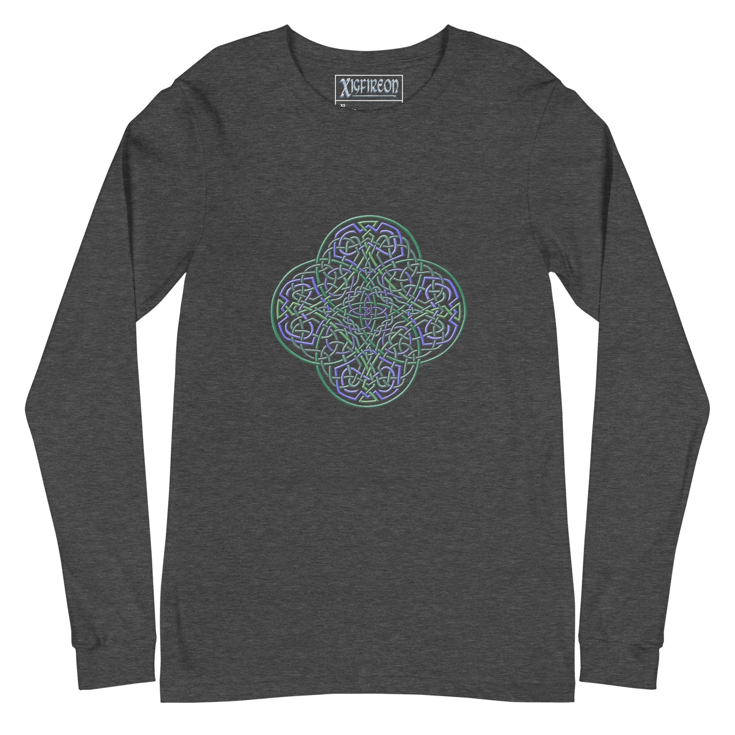 A dark grey heather Xigfireon long sleeve graphic t-shirt featuring the Living Colour iteration of the `Reach Of The Spirit` Celtic knot design. The `Reach Of The Spirit` Celtic knot symbolizes Mother Earth.