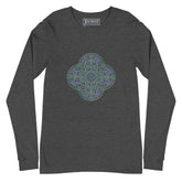 A dark grey heather Xigfireon long sleeve graphic t-shirt featuring the Living Colour iteration of the `Reach Of The Spirit` Celtic knot design. The `Reach Of The Spirit` Celtic knot symbolizes Mother Earth.