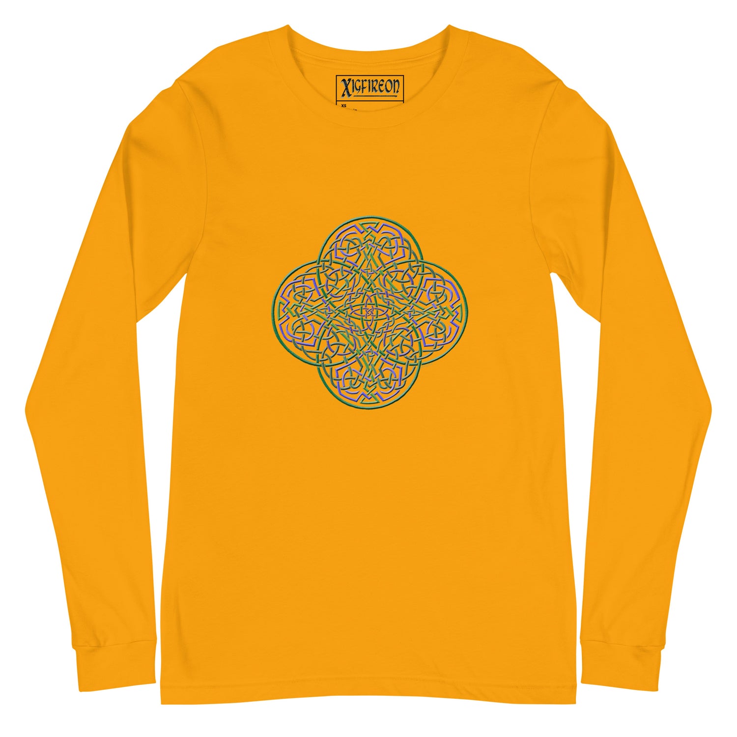 A gold Xigfireon long sleeve graphic t-shirt featuring the Living Colour iteration of the `Reach Of The Spirit` Celtic knot design. The `Reach Of The Spirit` Celtic knot symbolizes Mother Earth.