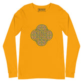 A gold Xigfireon long sleeve graphic t-shirt featuring the Living Colour iteration of the `Reach Of The Spirit` Celtic knot design. The `Reach Of The Spirit` Celtic knot symbolizes Mother Earth.