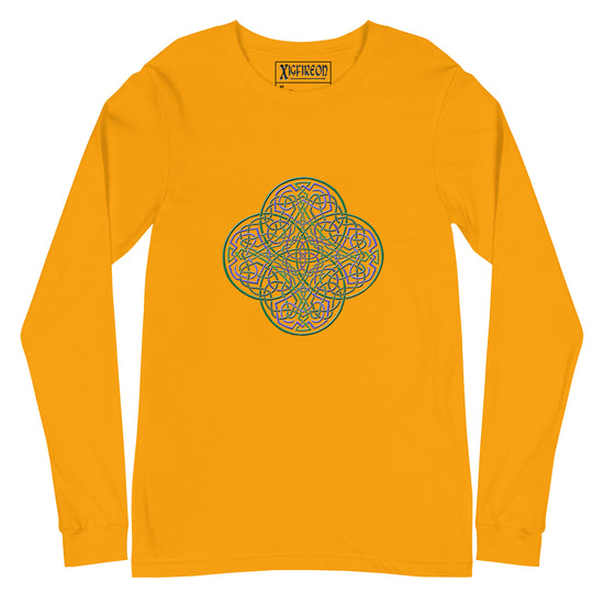 A gold Xigfireon long sleeve graphic t-shirt featuring the Living Colour iteration of the `Reach Of The Spirit` Celtic knot design. The `Reach Of The Spirit` Celtic knot symbolizes Mother Earth.