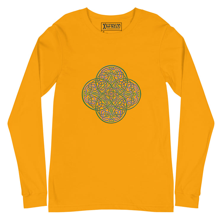 A gold Xigfireon long sleeve graphic t-shirt featuring the Living Colour iteration of the `Reach Of The Spirit` Celtic knot design. The `Reach Of The Spirit` Celtic knot symbolizes Mother Earth.