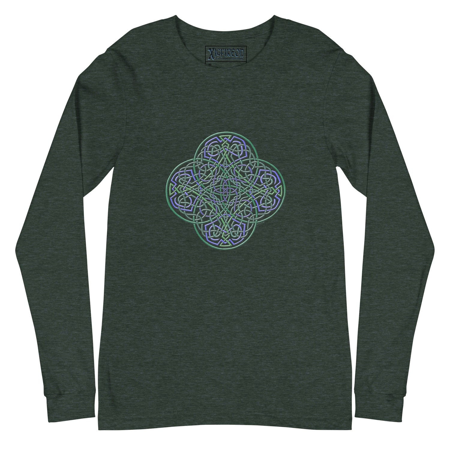 A heather forest green Xigfireon long sleeve graphic t-shirt featuring the Living Colour iteration of the `Reach Of The Spirit` Celtic knot design. The `Reach Of The Spirit` Celtic knot symbolizes Mother Earth.