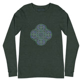 A heather forest green Xigfireon long sleeve graphic t-shirt featuring the Living Colour iteration of the `Reach Of The Spirit` Celtic knot design. The `Reach Of The Spirit` Celtic knot symbolizes Mother Earth.