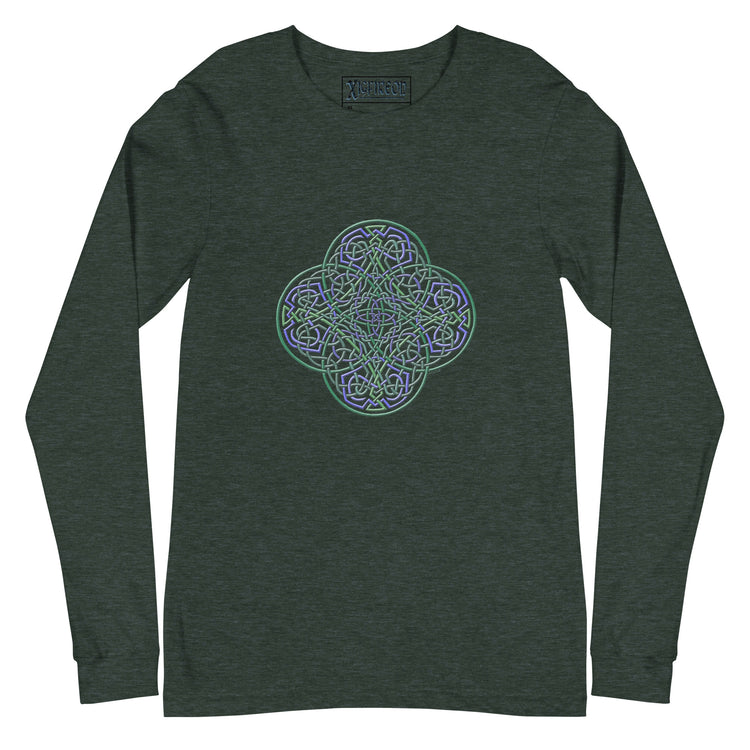 A heather forest green Xigfireon long sleeve graphic t-shirt featuring the Living Colour iteration of the `Reach Of The Spirit` Celtic knot design. The `Reach Of The Spirit` Celtic knot symbolizes Mother Earth.