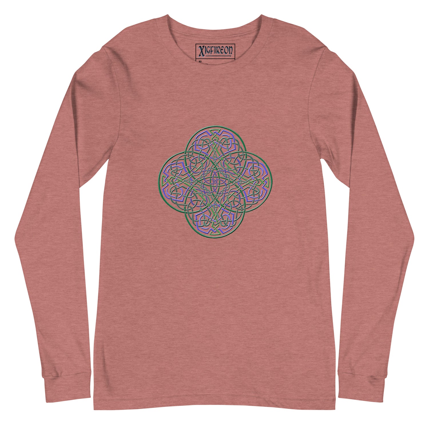 A heather mauve Xigfireon long sleeve graphic t-shirt featuring the Living Colour iteration of the `Reach Of The Spirit` Celtic knot design. The `Reach Of The Spirit` Celtic knot symbolizes Mother Earth.