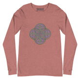 A heather mauve Xigfireon long sleeve graphic t-shirt featuring the Living Colour iteration of the `Reach Of The Spirit` Celtic knot design. The `Reach Of The Spirit` Celtic knot symbolizes Mother Earth.