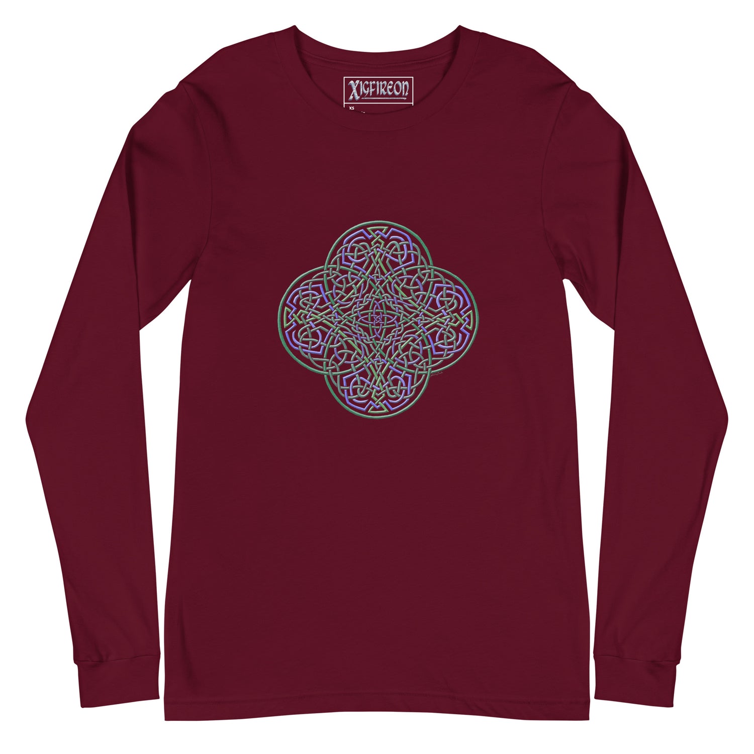 A maroon Xigfireon long sleeve graphic t-shirt featuring the Living Colour iteration of the `Reach Of The Spirit` Celtic knot design. The `Reach Of The Spirit` Celtic knot symbolizes Mother Earth.