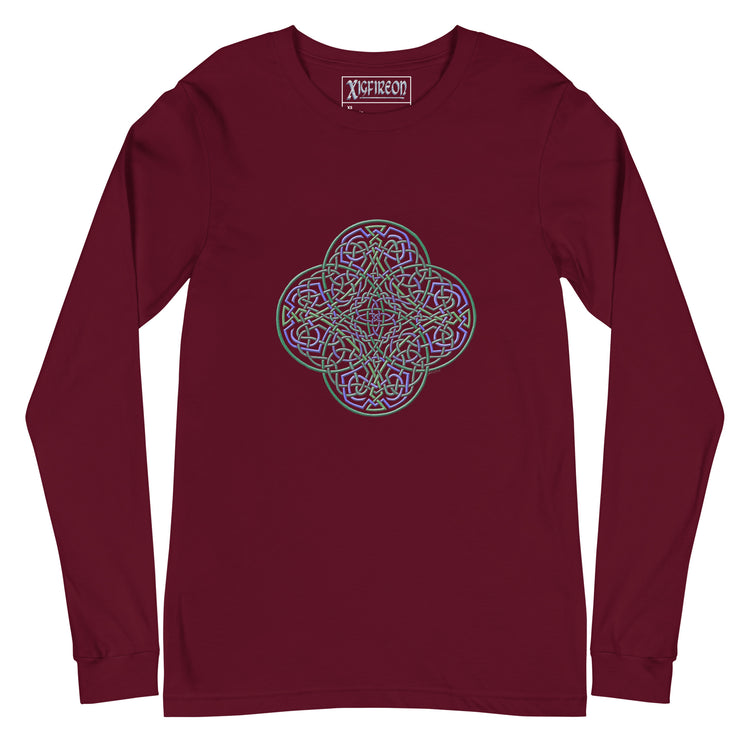 A maroon Xigfireon long sleeve graphic t-shirt featuring the Living Colour iteration of the `Reach Of The Spirit` Celtic knot design. The `Reach Of The Spirit` Celtic knot symbolizes Mother Earth.