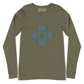 A military green Xigfireon long sleeve graphic t-shirt featuring the Living Colour iteration of the `Reach Of The Spirit` Celtic knot design. The `Reach Of The Spirit` Celtic knot symbolizes Mother Earth.