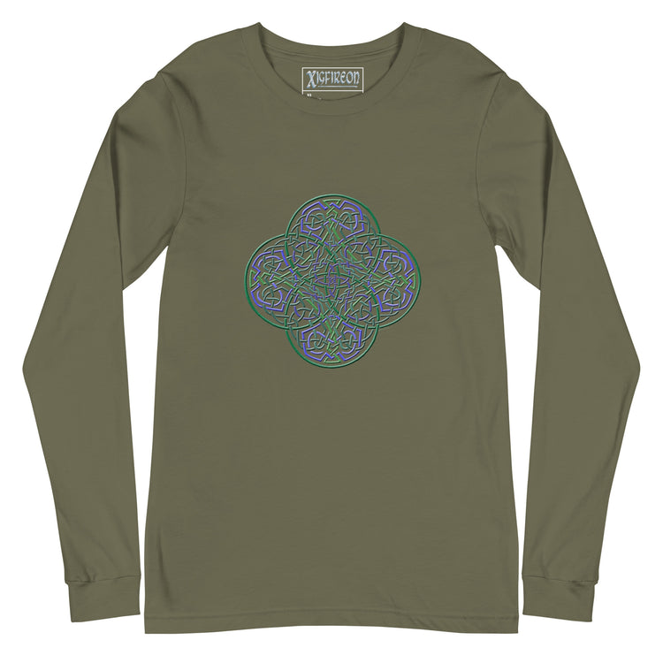 A military green Xigfireon long sleeve graphic t-shirt featuring the Living Colour iteration of the `Reach Of The Spirit` Celtic knot design. The `Reach Of The Spirit` Celtic knot symbolizes Mother Earth.