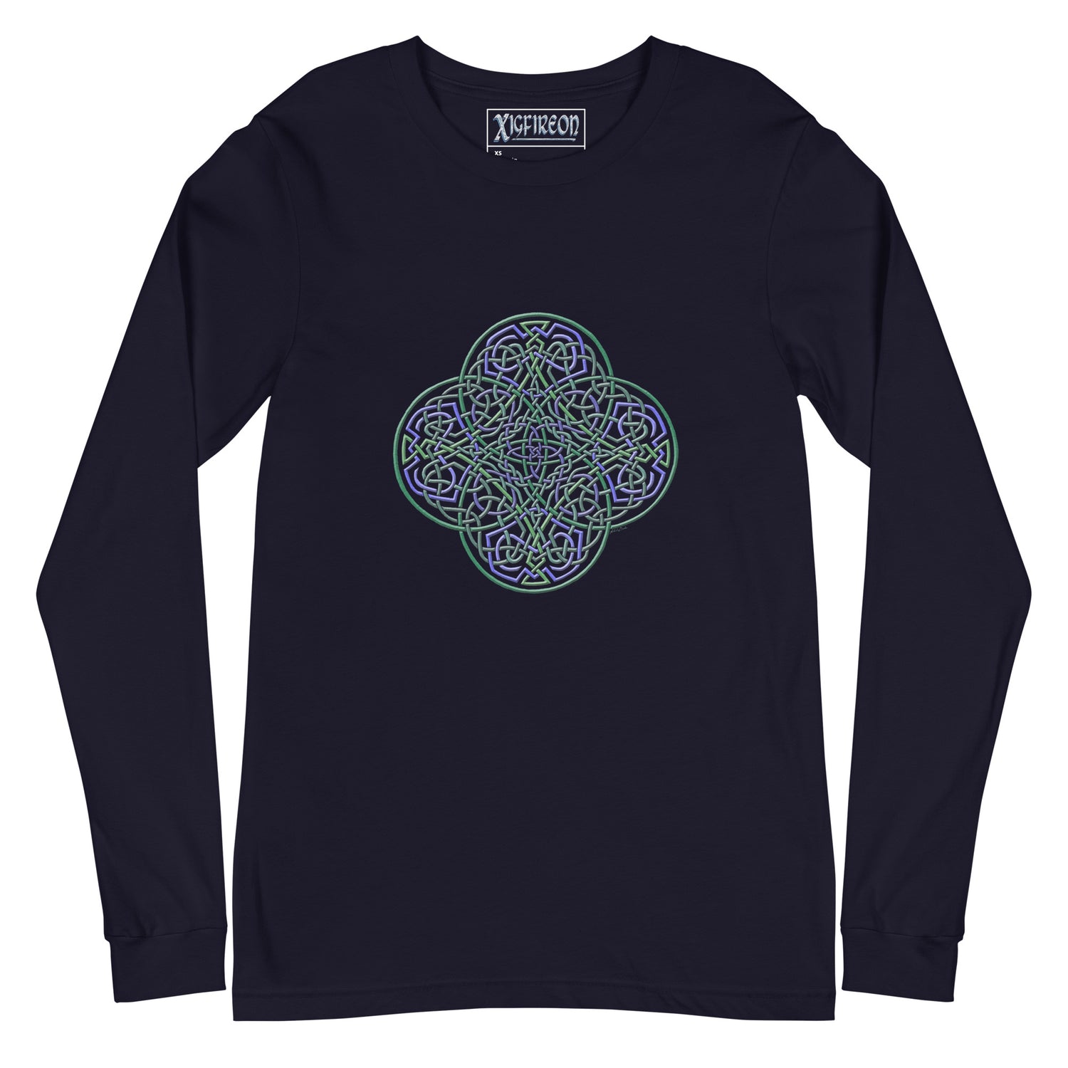 A navy blue Xigfireon long sleeve graphic t-shirt featuring the Living Colour iteration of the `Reach Of The Spirit` Celtic knot design. The `Reach Of The Spirit` Celtic knot symbolizes Mother Earth.