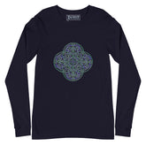 A navy blue Xigfireon long sleeve graphic t-shirt featuring the Living Colour iteration of the `Reach Of The Spirit` Celtic knot design. The `Reach Of The Spirit` Celtic knot symbolizes Mother Earth.