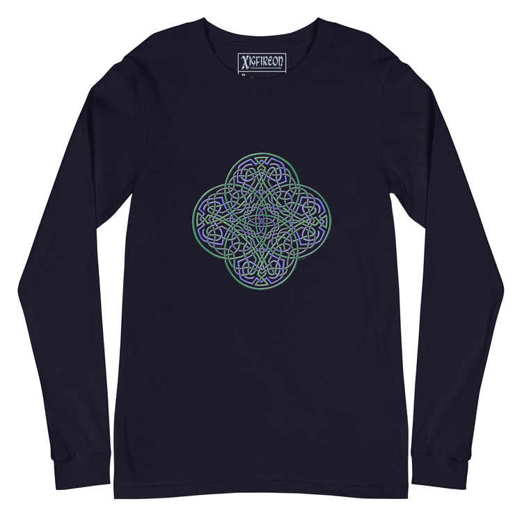 A navy blue Xigfireon long sleeve graphic t-shirt featuring the Living Colour iteration of the `Reach Of The Spirit` Celtic knot design. The `Reach Of The Spirit` Celtic knot symbolizes Mother Earth.