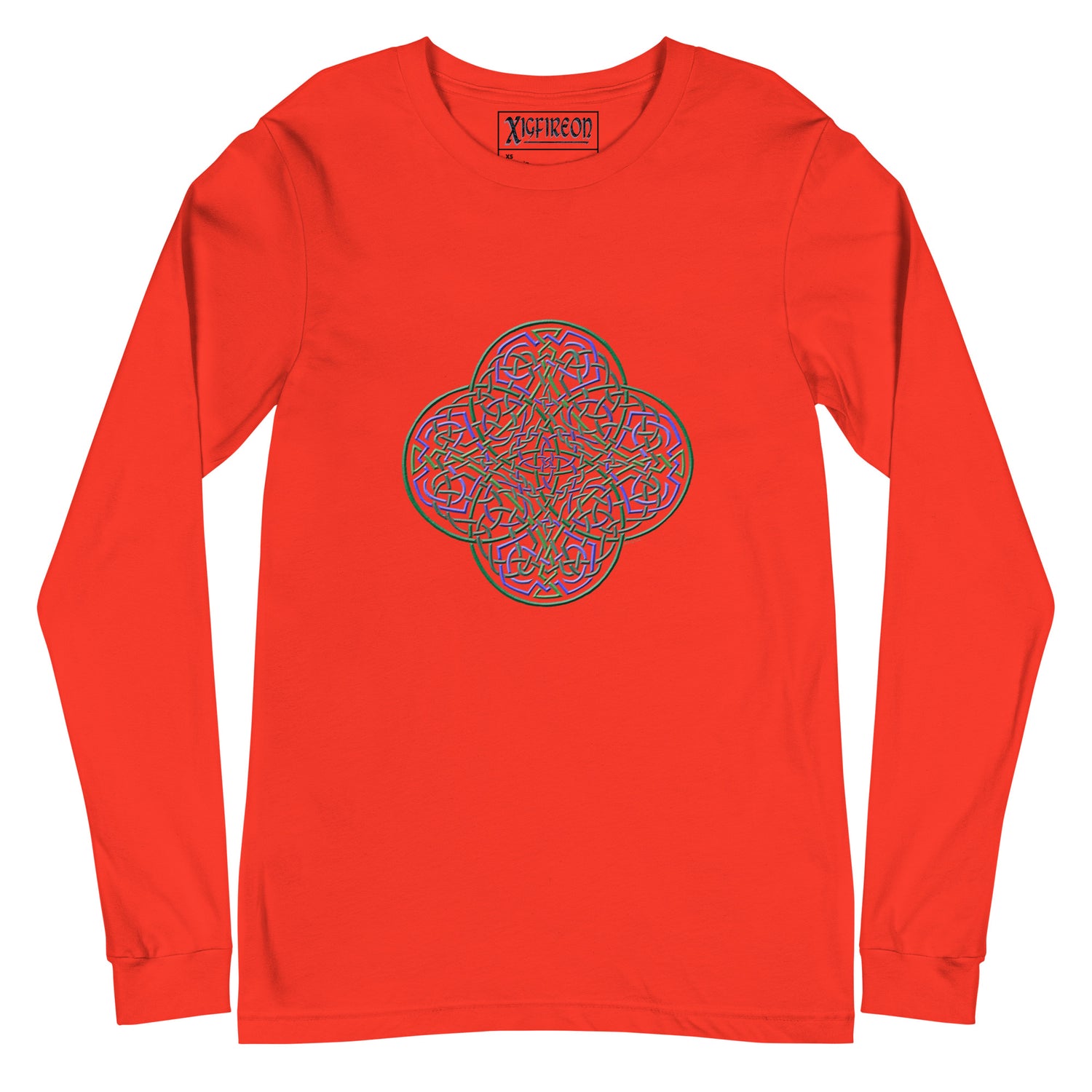 A poppy Xigfireon long sleeve graphic t-shirt featuring the Living Colour iteration of the `Reach Of The Spirit` Celtic knot design. The `Reach Of The Spirit` Celtic knot symbolizes Mother Earth.