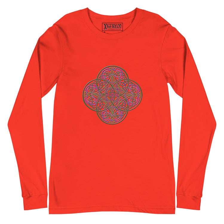 A poppy Xigfireon long sleeve graphic t-shirt featuring the Living Colour iteration of the `Reach Of The Spirit` Celtic knot design. The `Reach Of The Spirit` Celtic knot symbolizes Mother Earth.