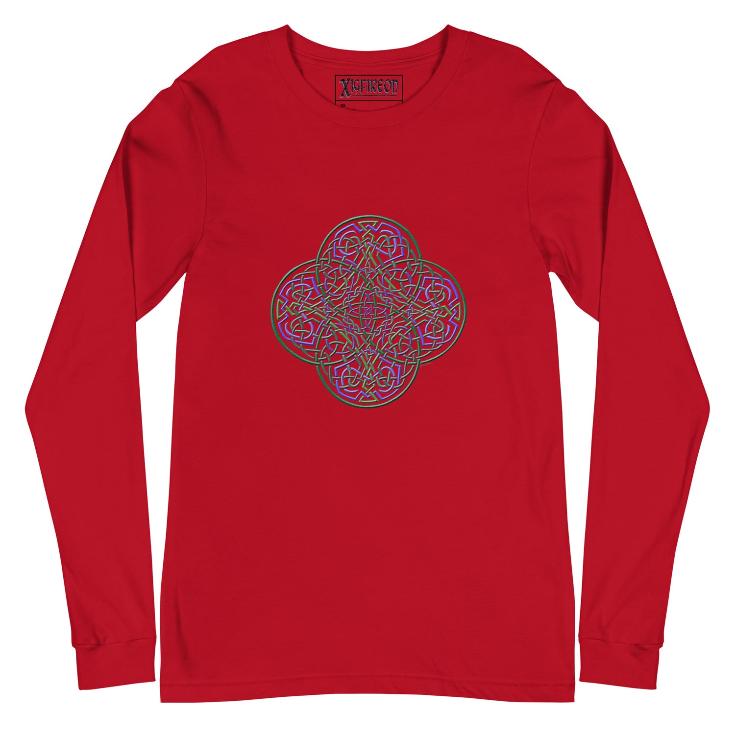 A red Xigfireon long sleeve graphic t-shirt featuring the Living Colour iteration of the `Reach Of The Spirit` Celtic knot design. The `Reach Of The Spirit` Celtic knot symbolizes Mother Earth.