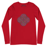 A red Xigfireon long sleeve graphic t-shirt featuring the Living Colour iteration of the `Reach Of The Spirit` Celtic knot design. The `Reach Of The Spirit` Celtic knot symbolizes Mother Earth.