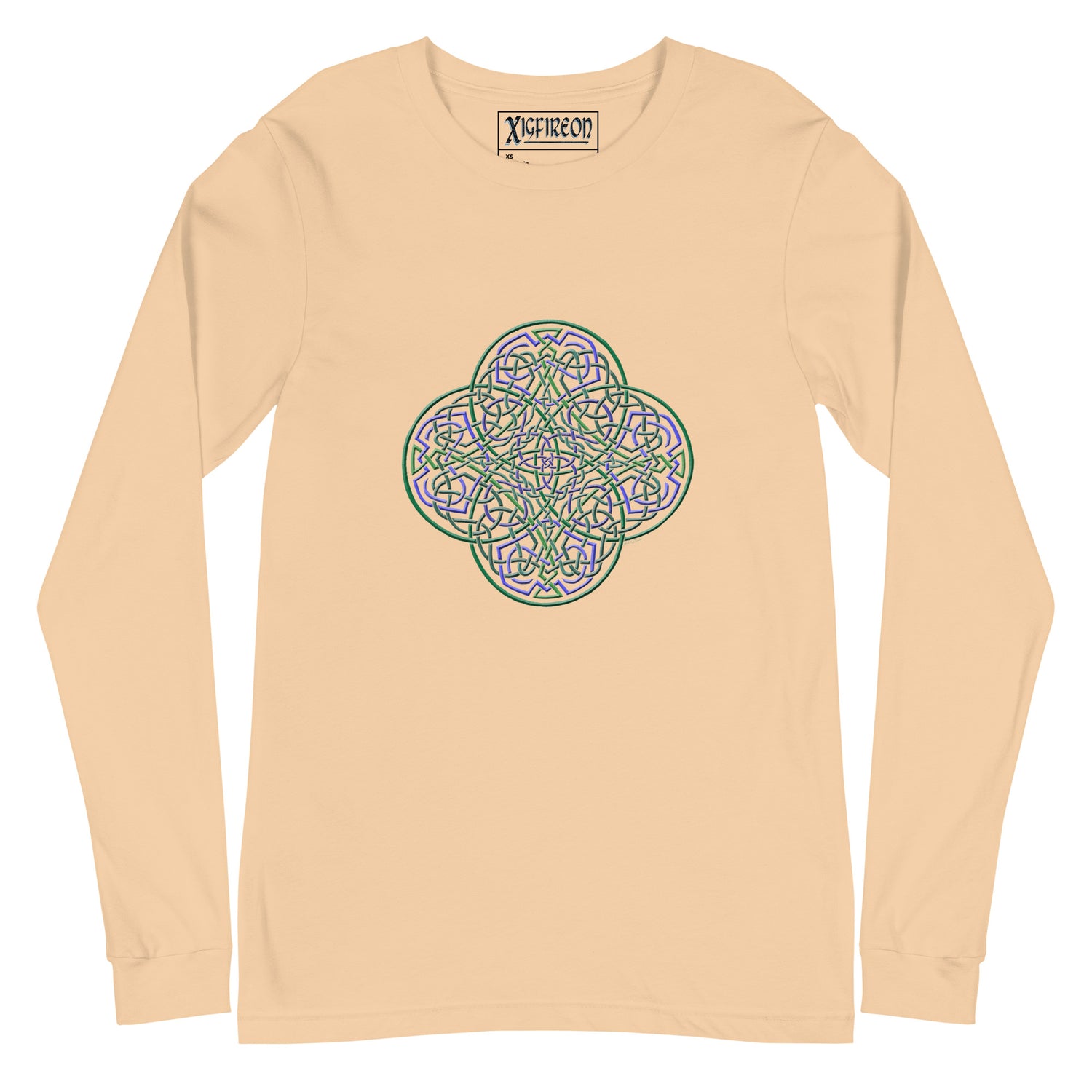 A sand dune Xigfireon long sleeve graphic t-shirt featuring the Living Colour iteration of the `Reach Of The Spirit` Celtic knot design. The `Reach Of The Spirit` Celtic knot symbolizes Mother Earth.