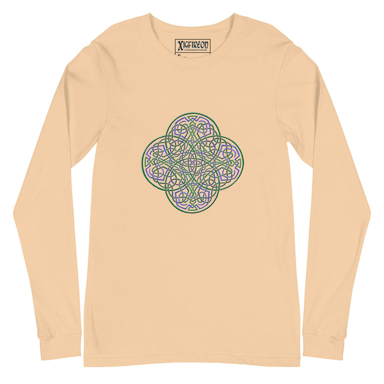 A sand dune Xigfireon long sleeve graphic t-shirt featuring the Living Colour iteration of the `Reach Of The Spirit` Celtic knot design. The `Reach Of The Spirit` Celtic knot symbolizes Mother Earth.