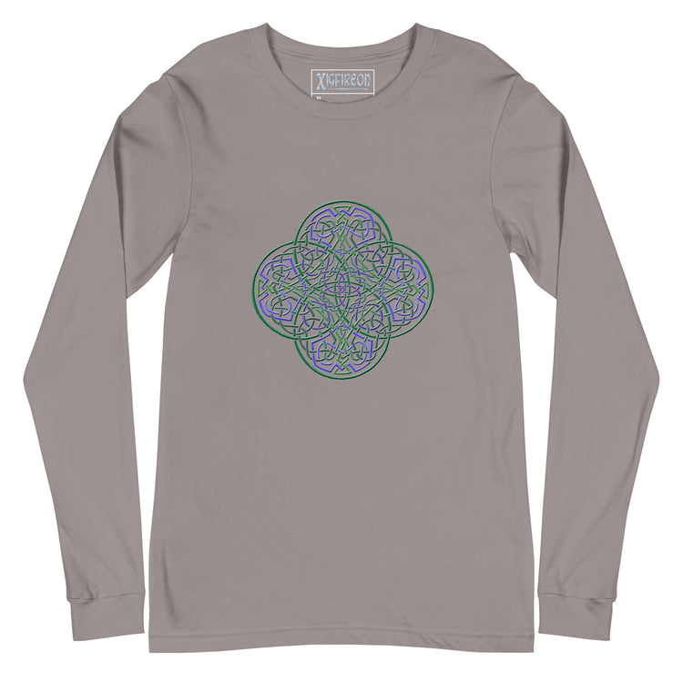 A storm grey Xigfireon long sleeve graphic t-shirt featuring the Living Colour iteration of the `Reach Of The Spirit` Celtic knot design. The `Reach Of The Spirit` Celtic knot symbolizes Mother Earth.