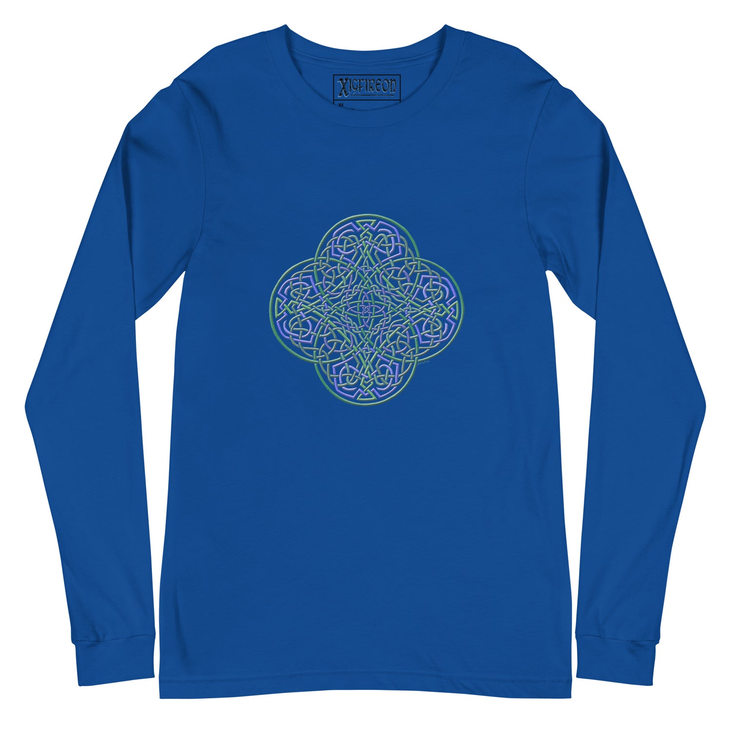 A true royal blue Xigfireon long sleeve graphic t-shirt featuring the Living Colour iteration of the `Reach Of The Spirit` Celtic knot design. The `Reach Of The Spirit` Celtic knot symbolizes Mother Earth.