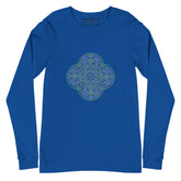 A true royal blue Xigfireon long sleeve graphic t-shirt featuring the Living Colour iteration of the `Reach Of The Spirit` Celtic knot design. The `Reach Of The Spirit` Celtic knot symbolizes Mother Earth.