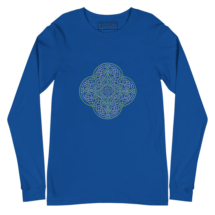 A true royal blue Xigfireon long sleeve graphic t-shirt featuring the Living Colour iteration of the `Reach Of The Spirit` Celtic knot design. The `Reach Of The Spirit` Celtic knot symbolizes Mother Earth.